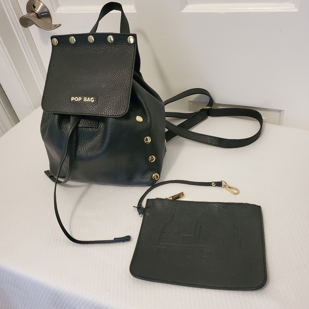 Pop BAG Black Pebble Grain Leather Backpack Top Handle Bag With Pouch